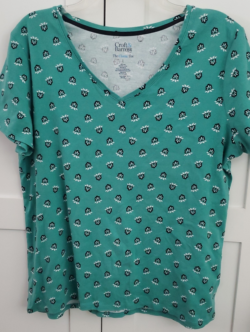 croft & barrow Teal Small Floral V-Neck Tee